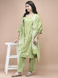 Women Cotton Jacquard Green Woven Kurta Comfort Pant Dupatta.