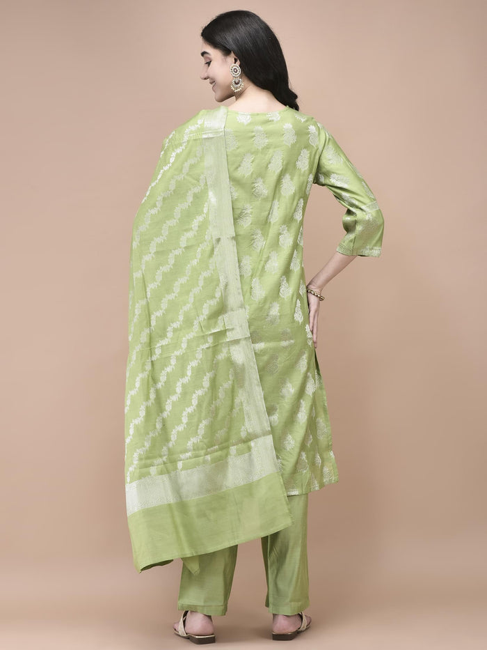 Women Cotton Jacquard Green Woven Kurta Comfort Pant Dupatta.