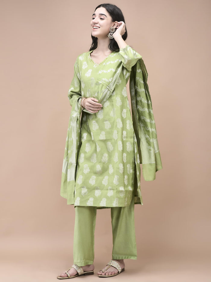 Women Cotton Jacquard Green Woven Kurta Comfort Pant Dupatta.