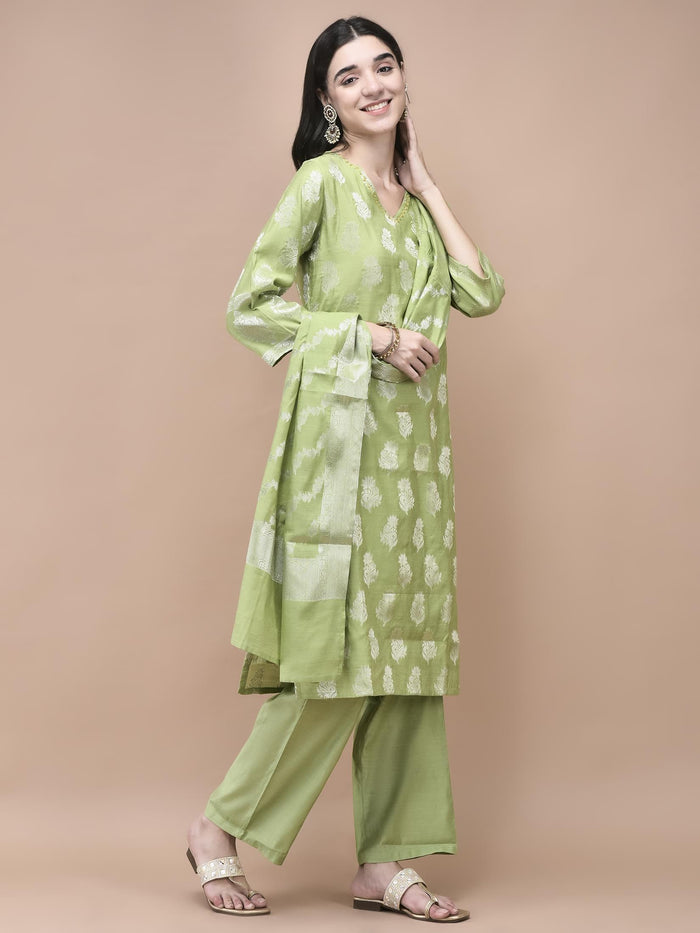 Women Cotton Jacquard Green Woven Kurta Comfort Pant Dupatta.