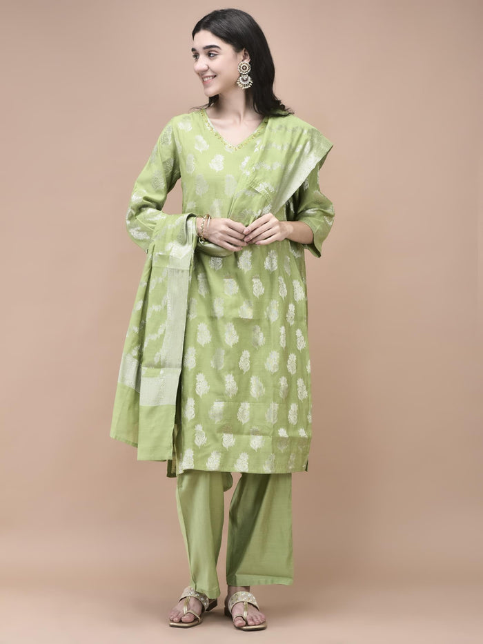 Women Cotton Jacquard Green Woven Kurta Comfort Pant Dupatta.