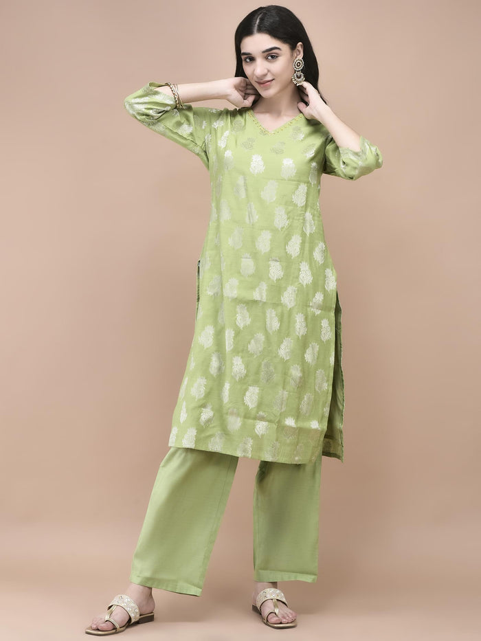 Women Cotton Jacquard Green Woven Kurta Comfort Pant Dupatta.