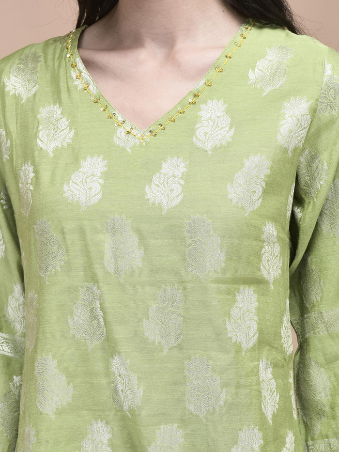 Women Cotton Jacquard Green Woven Kurta Comfort Pant Dupatta.
