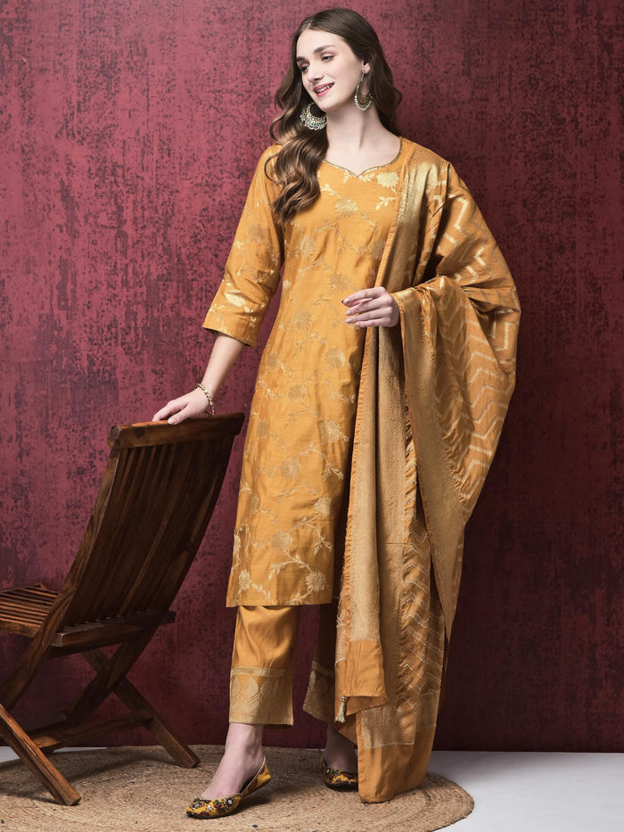Women Cotton Jacquard Mustard Kurta Comfort Pant Dupatta.