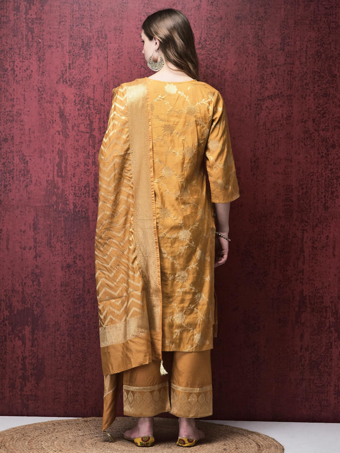 Women Cotton Jacquard Mustard Kurta Comfort Pant Dupatta.