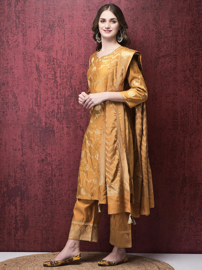 Women Cotton Jacquard Mustard Kurta Comfort Pant Dupatta.