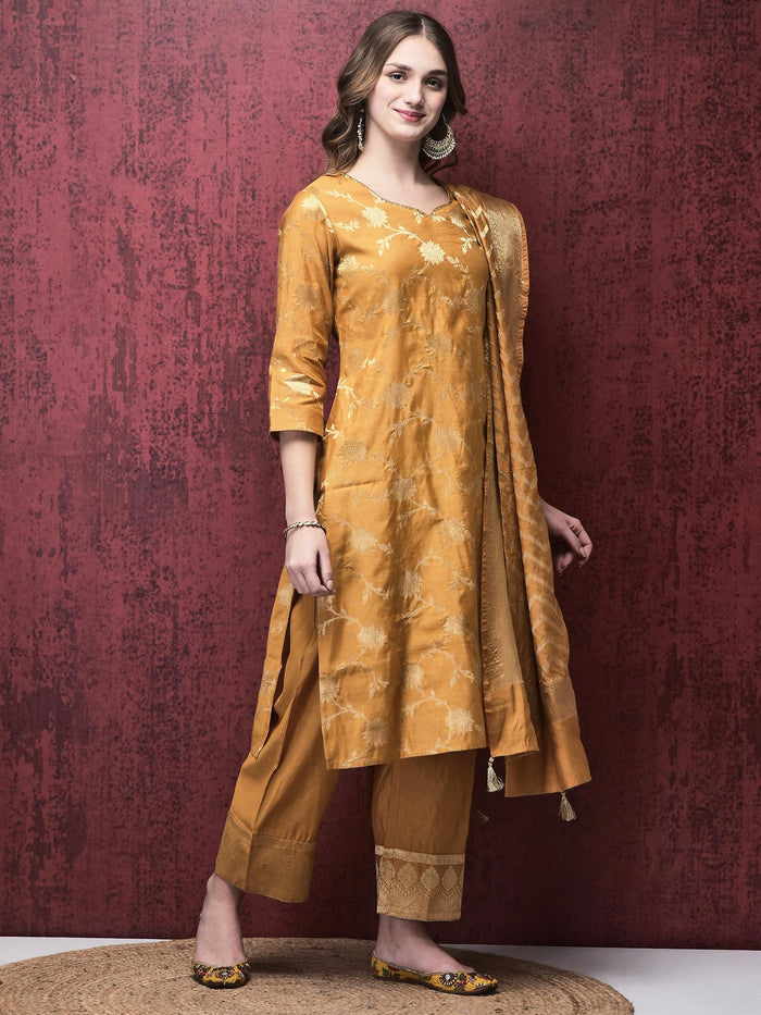 Women Cotton Jacquard Mustard Kurta Comfort Pant Dupatta.