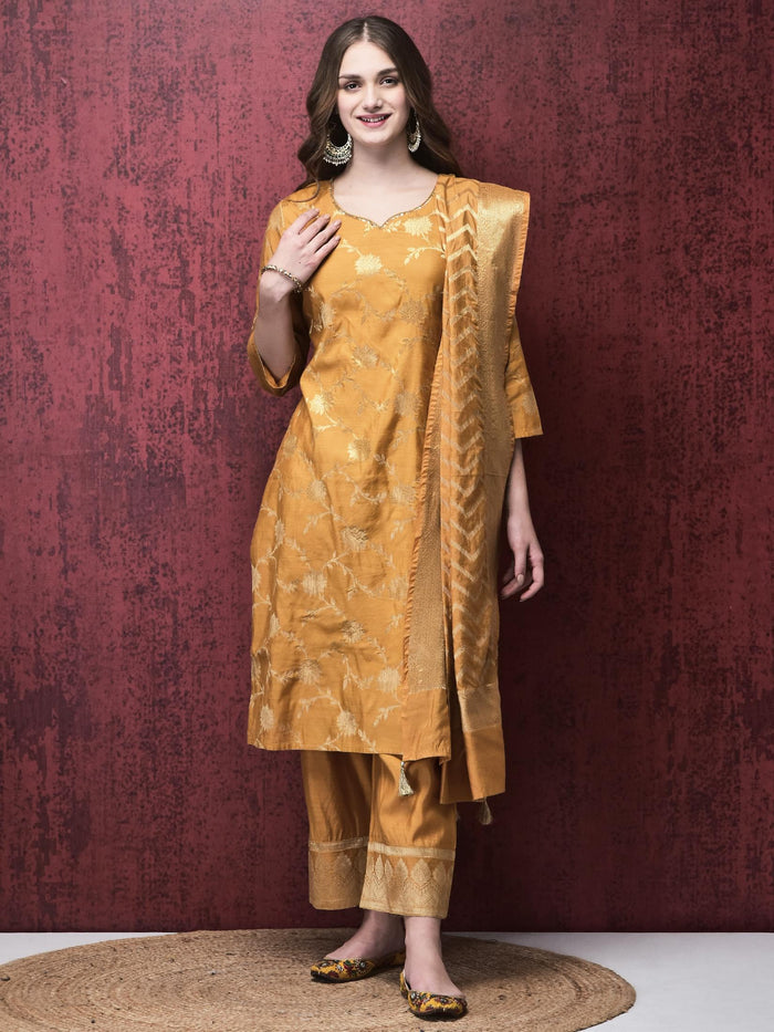 Women Cotton Jacquard Mustard Kurta Comfort Pant Dupatta.