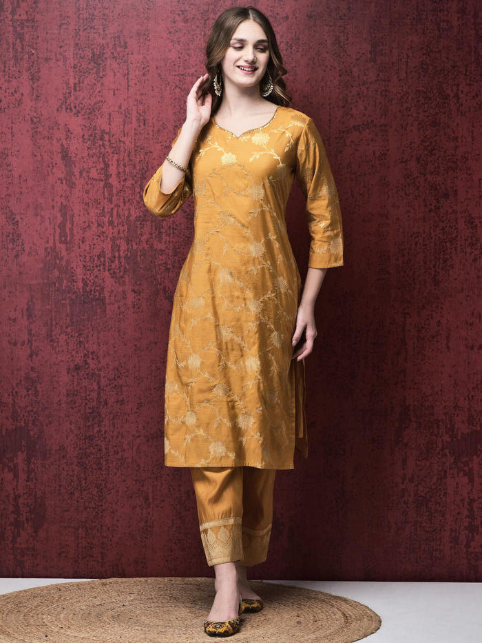 Women Cotton Jacquard Mustard Kurta Comfort Pant Dupatta.