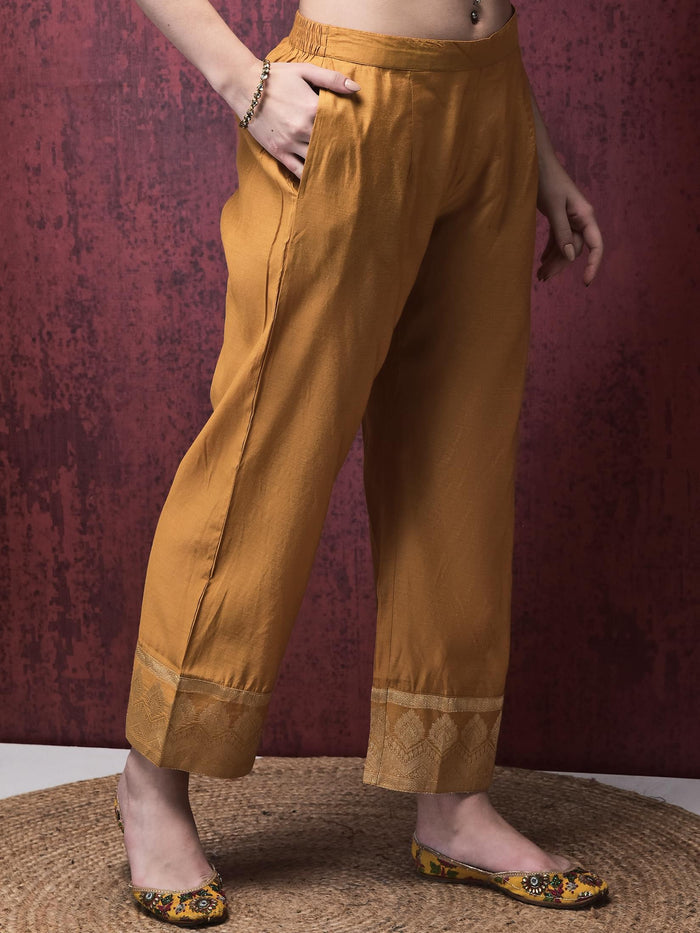 Women Cotton Jacquard Mustard Kurta Comfort Pant Dupatta.