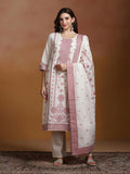 Women Cotton Jacquard Off White Kurta Comfort Pant Dupatta.