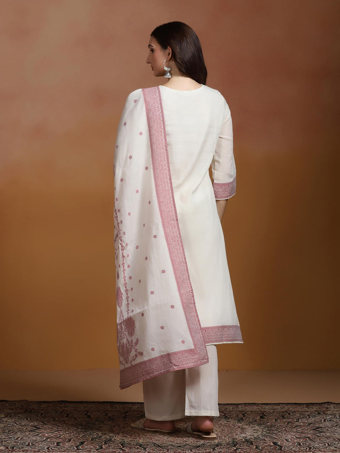 Women Cotton Jacquard Off White Kurta Comfort Pant Dupatta.