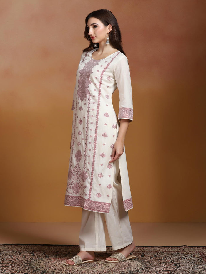 Women Cotton Jacquard Off White Kurta Comfort Pant Dupatta.