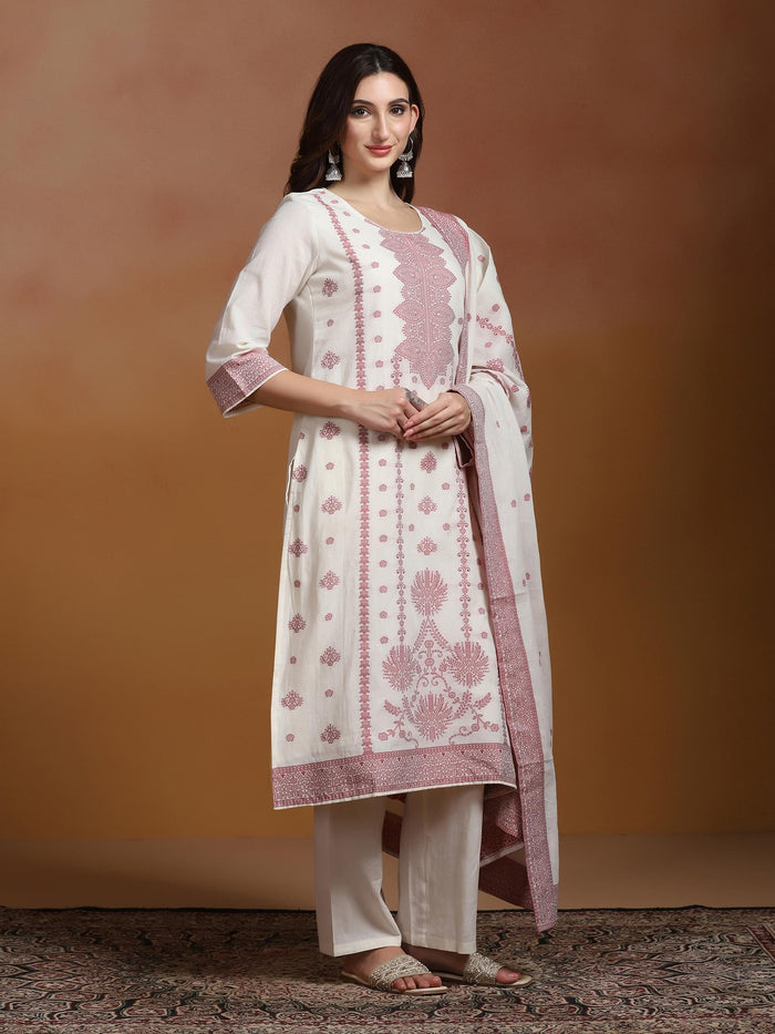 Women Cotton Jacquard Off White Kurta Comfort Pant Dupatta.