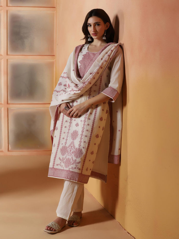 Women Cotton Jacquard Off White Kurta Comfort Pant Dupatta.
