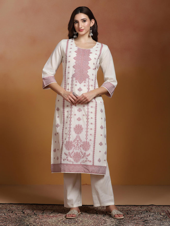 Women Cotton Jacquard Off White Kurta Comfort Pant Dupatta.