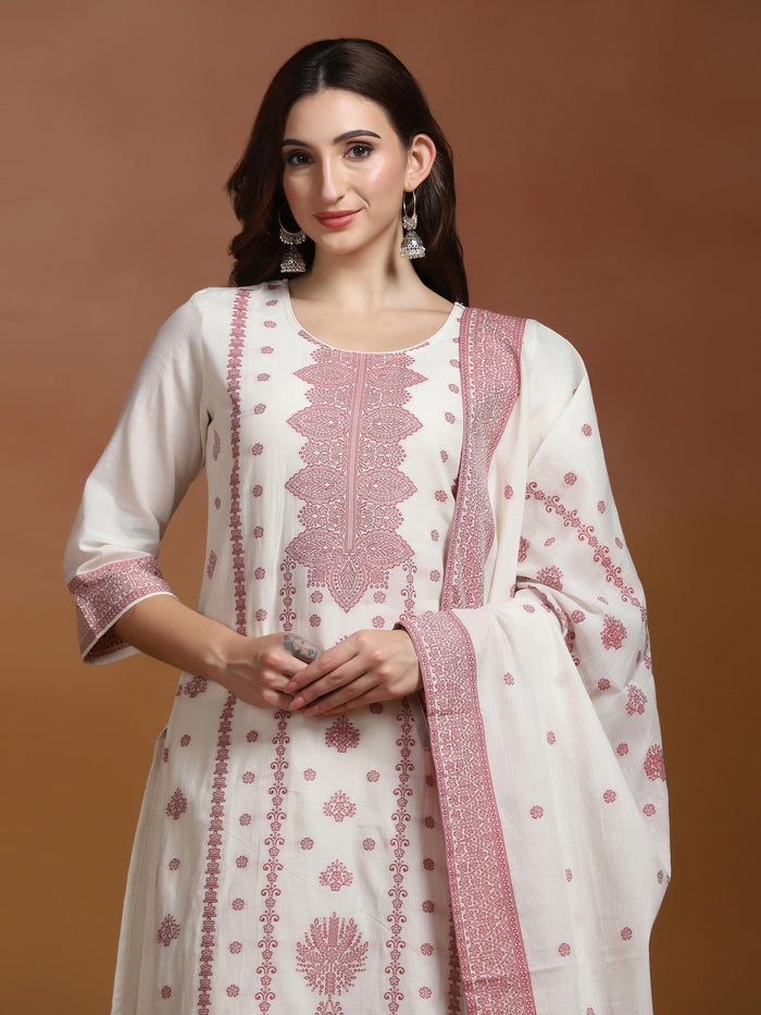 Women Cotton Jacquard Off White Kurta Comfort Pant Dupatta.