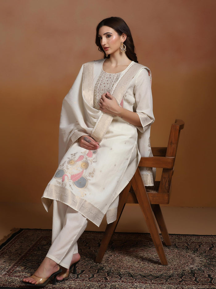 Women Cotton Jacquard Off White Kurta Comfort Pant With Dupatta.