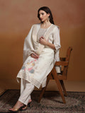 Women Cotton Jacquard Off White Kurta Comfort Pant With Dupatta.