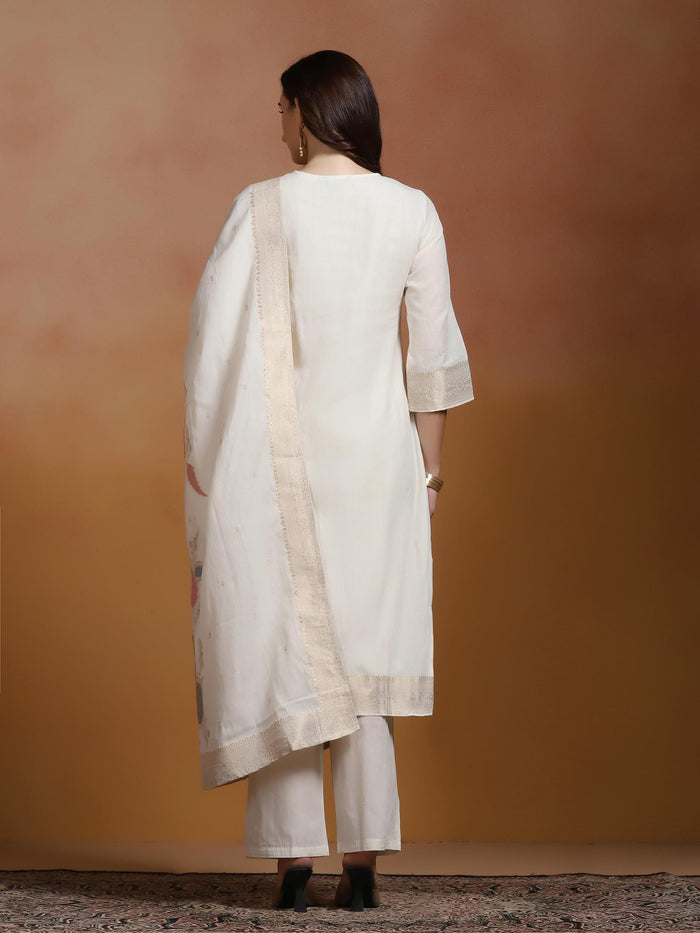 Women Cotton Jacquard Off White Kurta Comfort Pant With Dupatta.