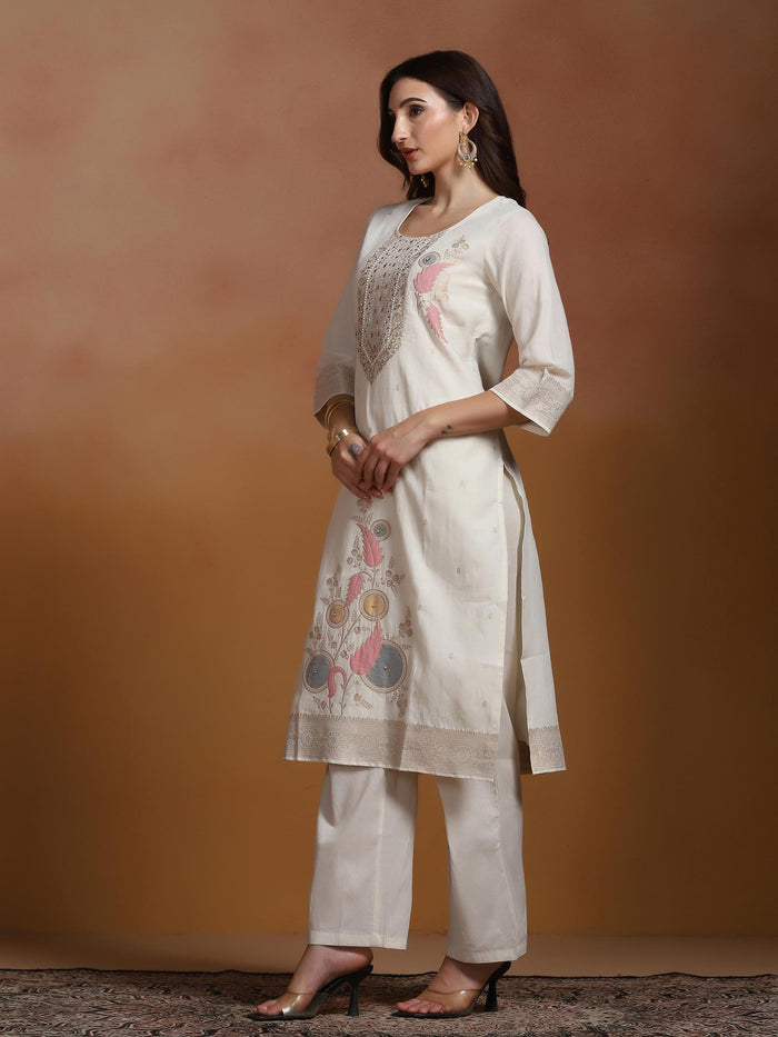 Women Cotton Jacquard Off White Kurta Comfort Pant With Dupatta.