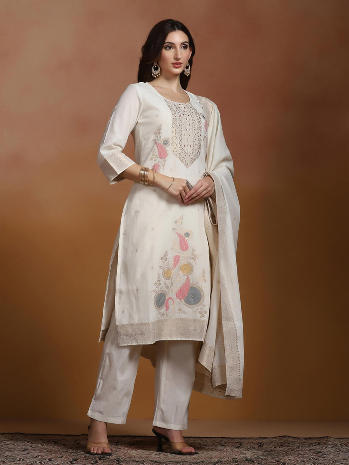 Women Cotton Jacquard Off White Kurta Comfort Pant With Dupatta.