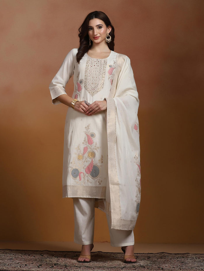 Women Cotton Jacquard Off White Kurta Comfort Pant With Dupatta.
