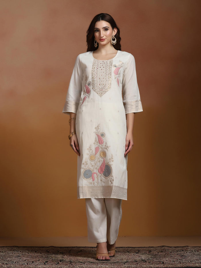 Women Cotton Jacquard Off White Kurta Comfort Pant With Dupatta.