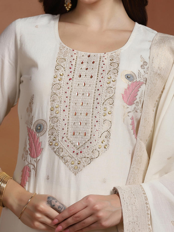 Women Cotton Jacquard Off White Kurta Comfort Pant With Dupatta.
