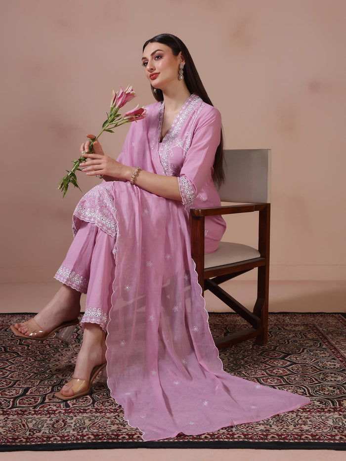 Women Cotton Lilac Embroidered Kurta Trouser Dupatta.