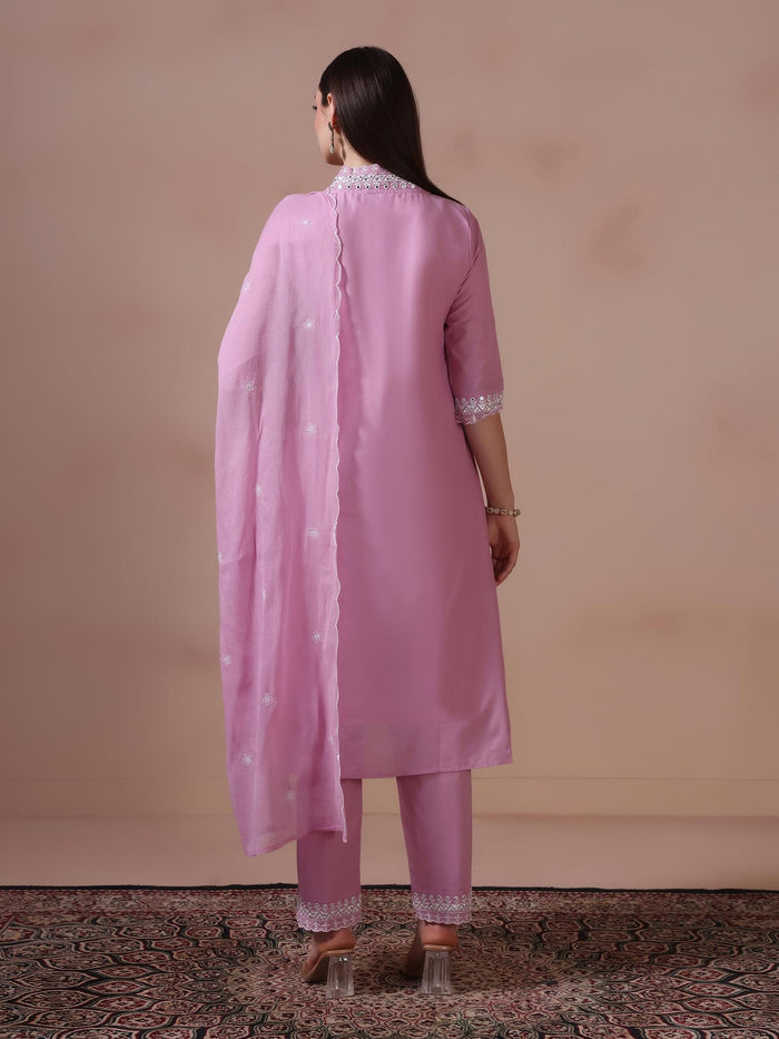 Women Cotton Lilac Embroidered Kurta Trouser Dupatta.