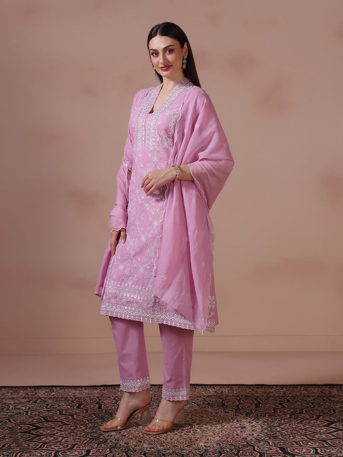 Women Cotton Lilac Embroidered Kurta Trouser Dupatta.