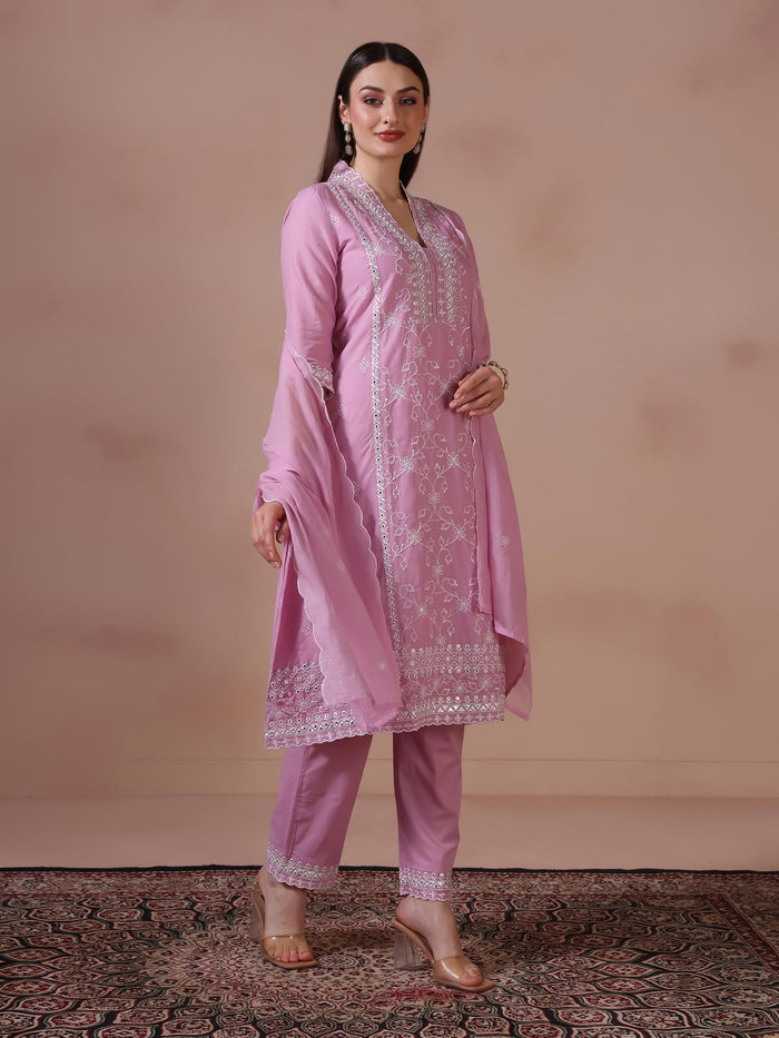 Women Cotton Lilac Embroidered Kurta Trouser Dupatta.