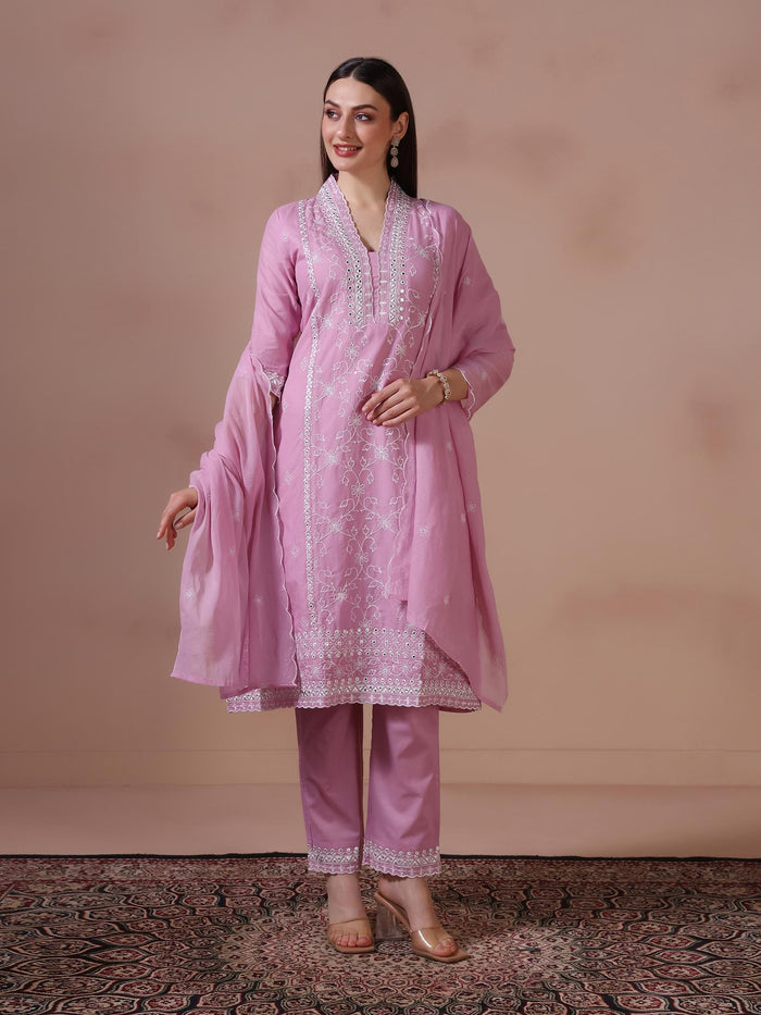 Women Cotton Lilac Embroidered Kurta Trouser Dupatta.