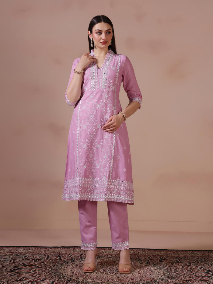 Women Cotton Lilac Embroidered Kurta Trouser Dupatta.