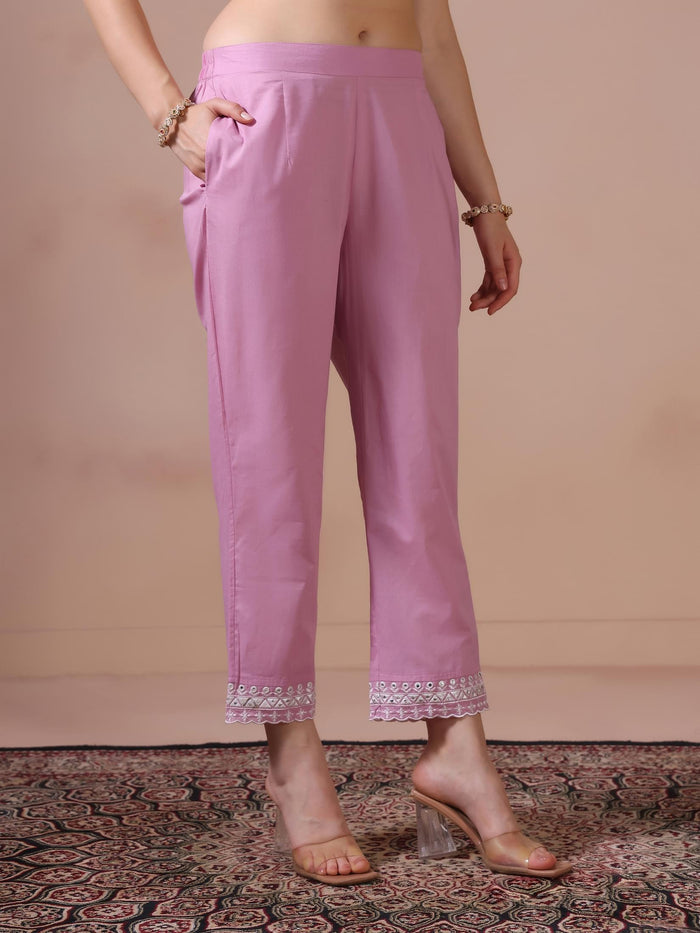 Women Cotton Lilac Embroidered Kurta Trouser Dupatta.