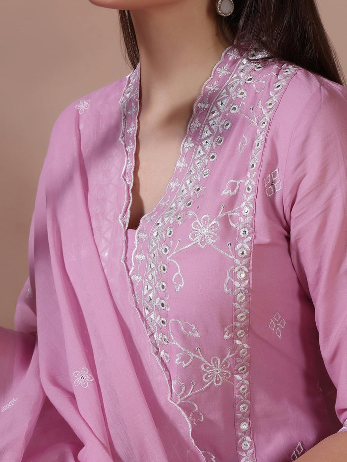 Women Cotton Lilac Embroidered Kurta Trouser Dupatta.