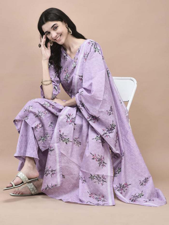 Women Cotton Lilac Floral Print Kurta Comfort Pant Dupatta.