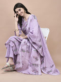 Women Cotton Lilac Floral Print Kurta Comfort Pant Dupatta.