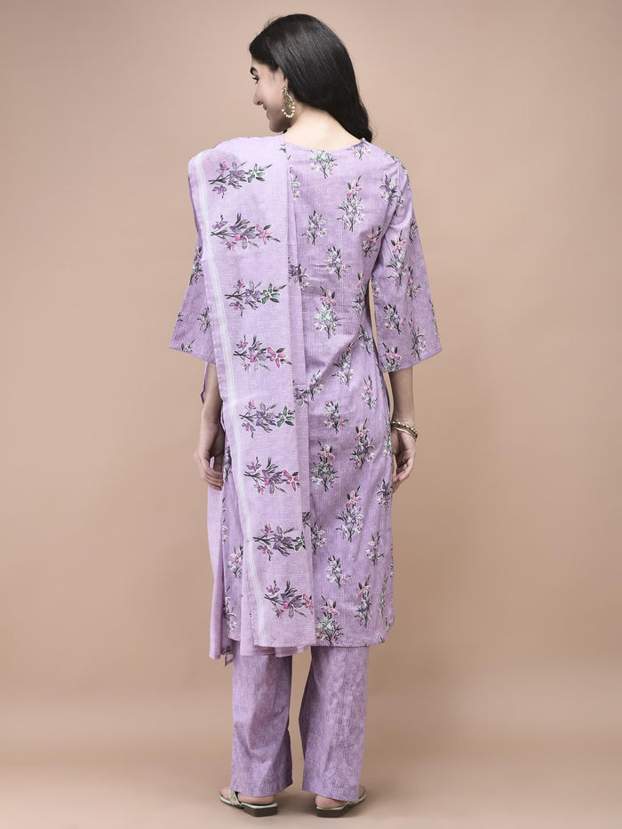 Women Cotton Lilac Floral Print Kurta Comfort Pant Dupatta.