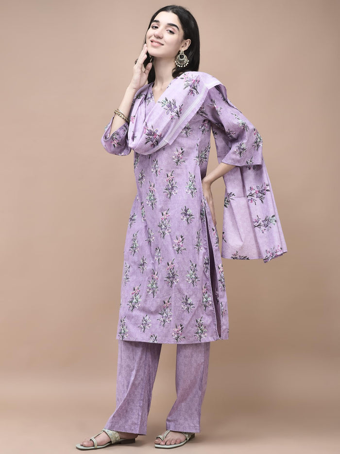 Women Cotton Lilac Floral Print Kurta Comfort Pant Dupatta.