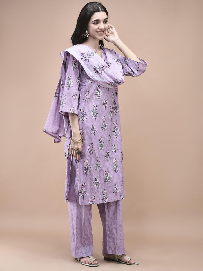 Women Cotton Lilac Floral Print Kurta Comfort Pant Dupatta.