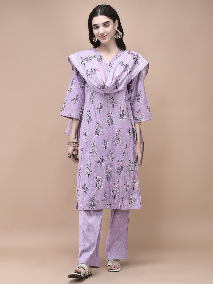 Women Cotton Lilac Floral Print Kurta Comfort Pant Dupatta.