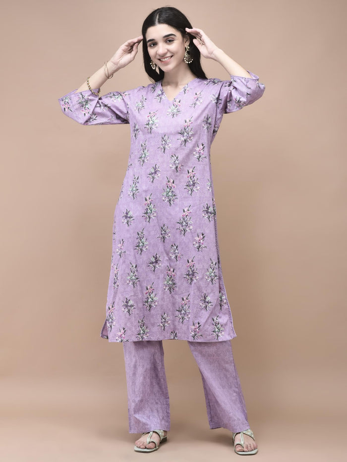 Women Cotton Lilac Floral Print Kurta Comfort Pant Dupatta.