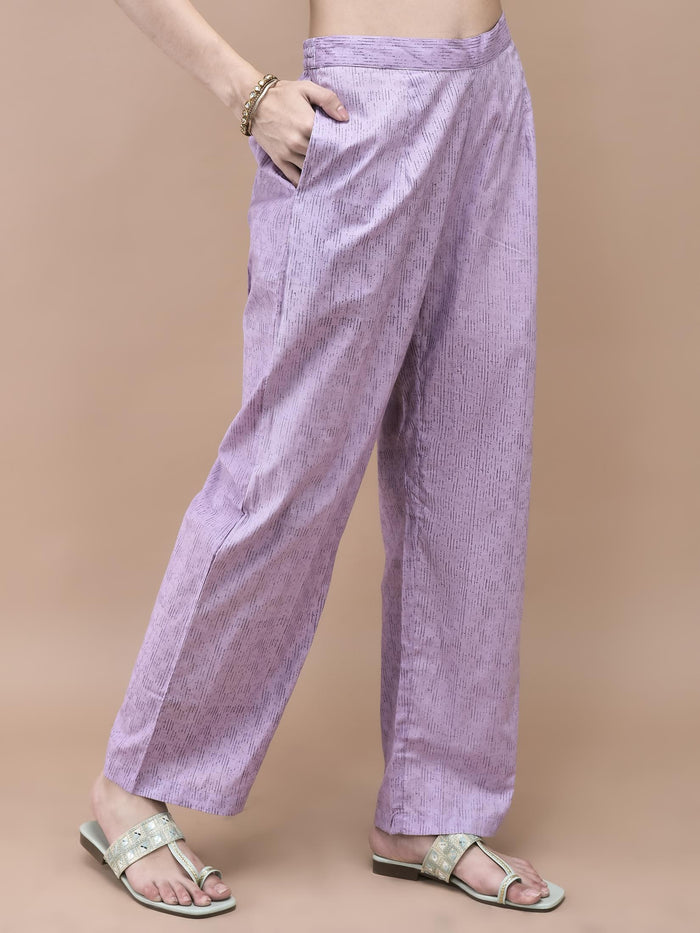 Women Cotton Lilac Floral Print Kurta Comfort Pant Dupatta.