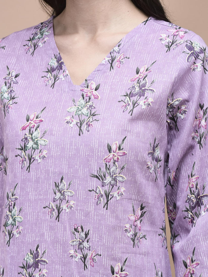 Women Cotton Lilac Floral Print Kurta Comfort Pant Dupatta.