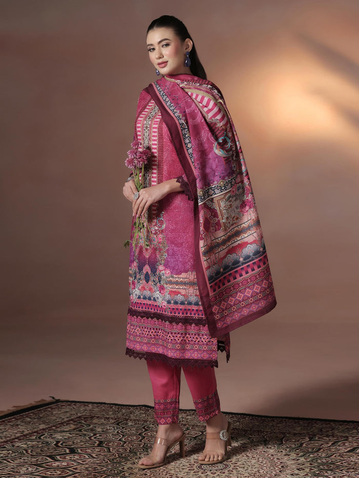 Women Cotton Maroon Embroidered Kurta Comfort Pant Dupatta.