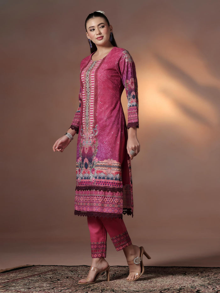 Women Cotton Maroon Embroidered Kurta Comfort Pant Dupatta.