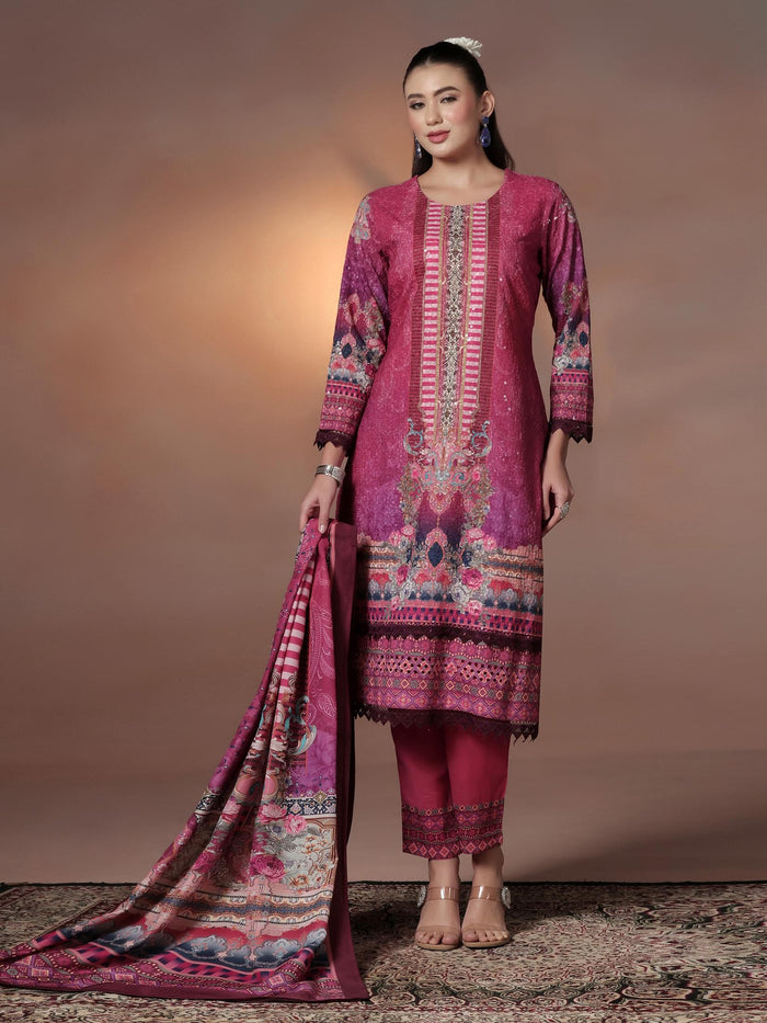 Women Cotton Maroon Embroidered Kurta Comfort Pant Dupatta.