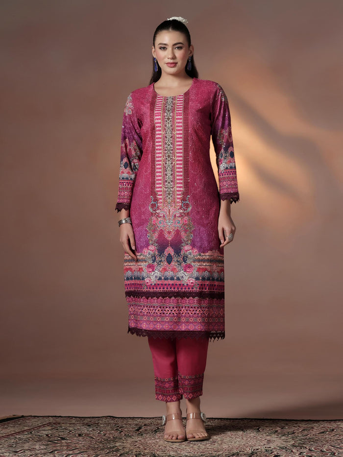 Women Cotton Maroon Embroidered Kurta Comfort Pant Dupatta.